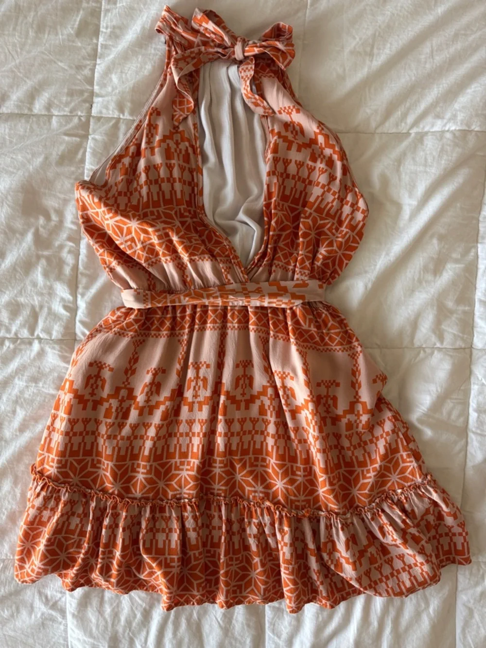 Orange Geometric Print Halter Neck Tiered BTFBM Mini Dress Tie Waist Lined Large - Picture 2 of 10
